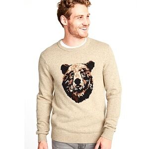 Old Navy Men’s L Bear Sweater NWT Oatmeal Crew Neck Graphic Bear Unisex Cozy Fit